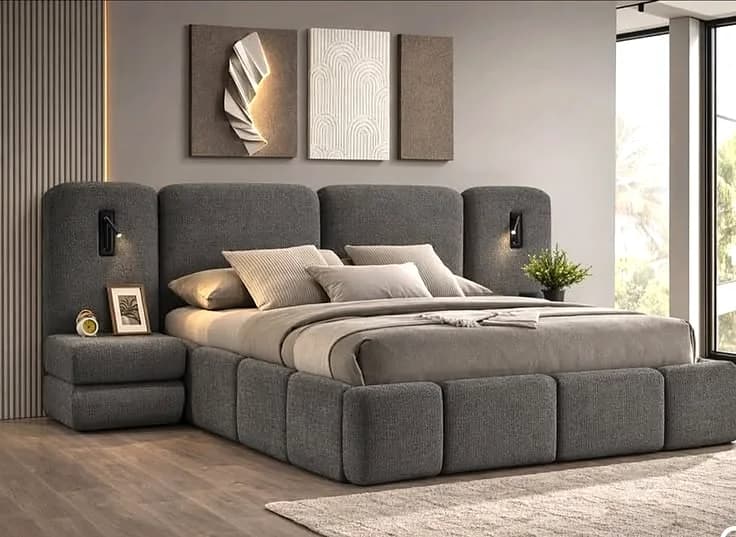 Grey upholstered bed ensemble