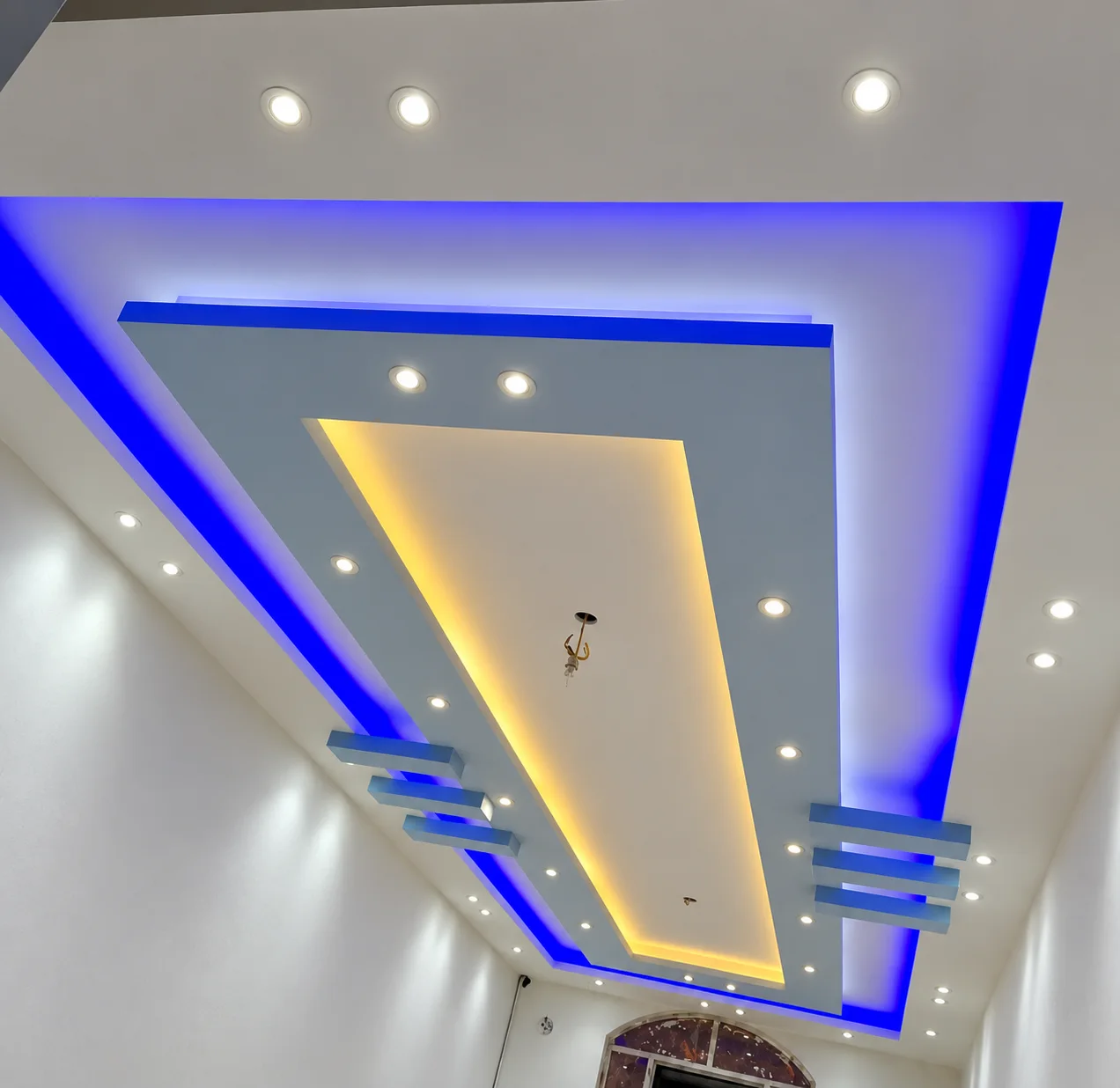 Blue-lit linear POP ceiling
